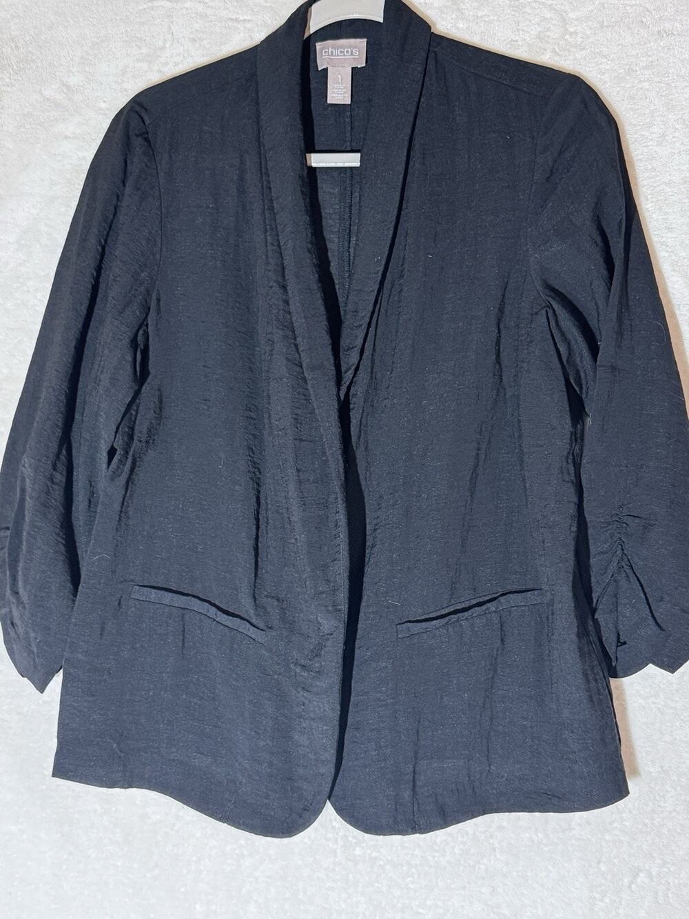 Women’s Chico Black Blazer Lightweight Size 1 Gathered 3/4 Sleeves Jacket